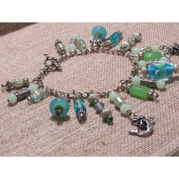 Handmade Mermaidcore Charm Bracelet - Seafoam & Teal Nautical Jewelry - Picture 9 of 10